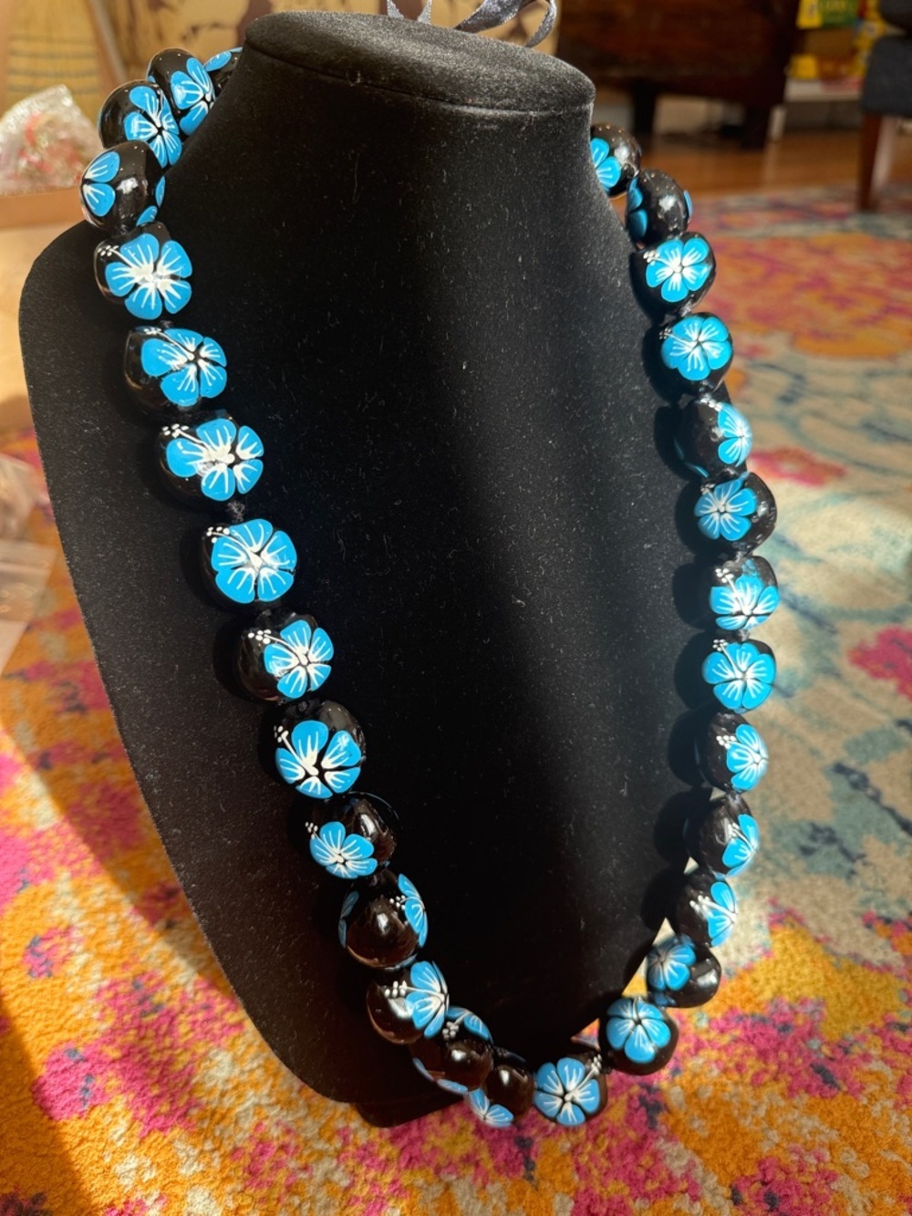 Handcrafted Blue Floral Bead Necklace - Picture 2 of 4